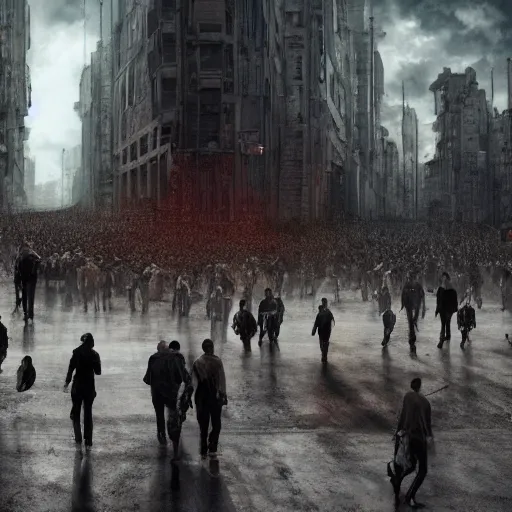 Image similar to hordes of drone-like people aimlessly walking around a depressing dystopian cityscape , trending on artststion, hyper realistic, surreal, melancholic, 8k, upscaled