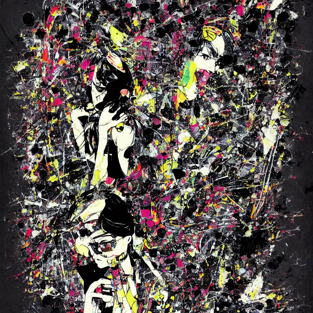 Image similar to girl figure, abstract, jet set radio artwork, ryuta ueda artwork, cryptic, rips, spots, asymmetry, stipple, lines, glitches, color tearing, pitch bending, stripes, dark, ominous, eerie, hearts, minimal, points, otomo katsuhiro artwork, technical, natsumi mukai artwrok, folds