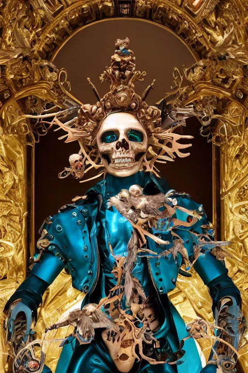 Image similar to a young handsome Spanish metal android with a large glowing battery in the center of his chest in a full-body bronze cyberpunk style statue of Icarus with glowing blue eyes, crown of peach roses, flowing teal-colored silk, fabric, flowers. baroque elements, human skull. full-length view. baroque element. intricate artwork by caravaggio. many many birds birds on background. Trending on artstation, octane render, cinematic lighting from the right, hyper realism, octane render, 8k, depth of field, 3D