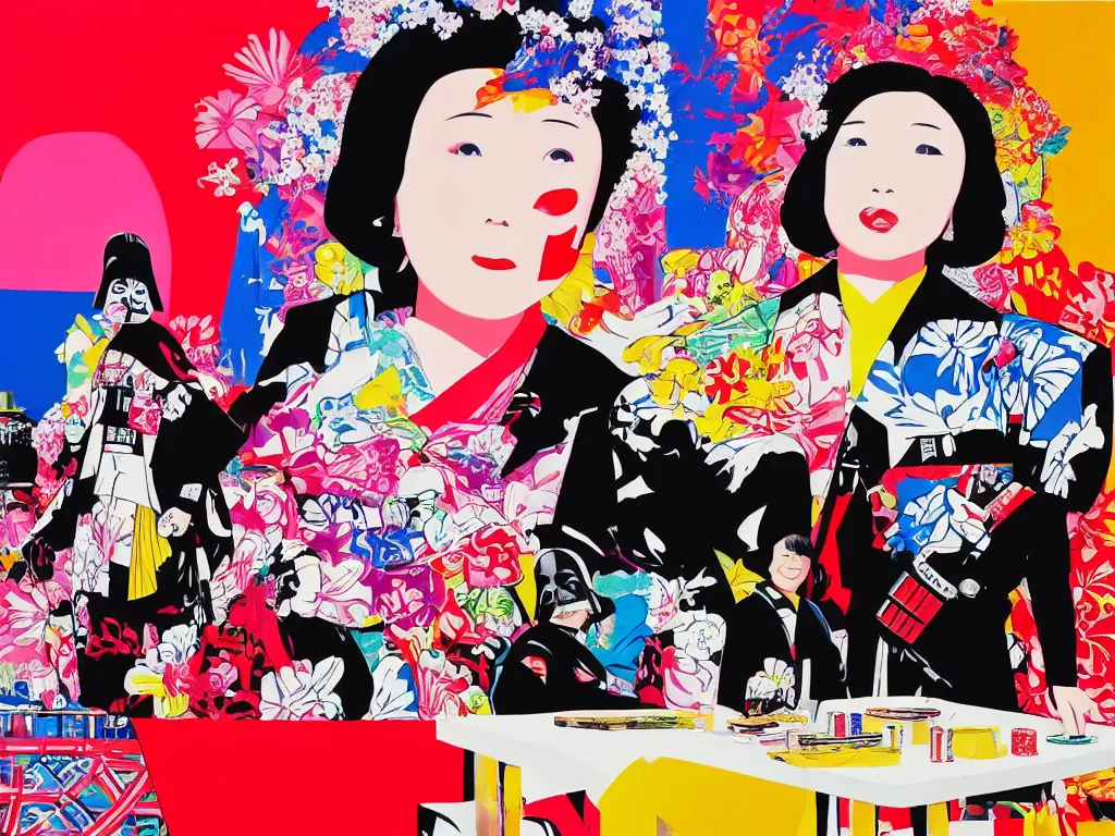 Image similar to hyperrealistic composition, in the middle a woman in a japanese kimono, behind her stands darth vader, in front of her a table from the casino, in the background is mount fuji and fireworks, pop - art style, jacky tsai style, andy warhol style, acrylic on canvas