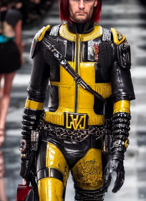 Image similar to hyperrealistic and heavy detailed versace runway show of judge dredd, leica sl 2 5 0 mm, vivid color, high quality, high textured, real life