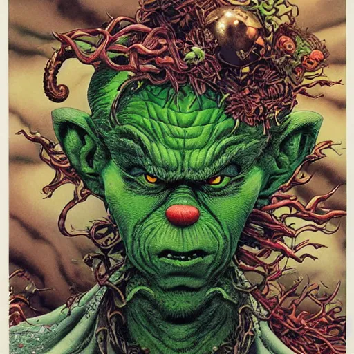 Image similar to portrait of crazy grinch, symmetrical, by yoichi hatakenaka, masamune shirow, josan gonzales and dan mumford, ayami kojima, takato yamamoto, barclay shaw, karol bak, yukito kishiro