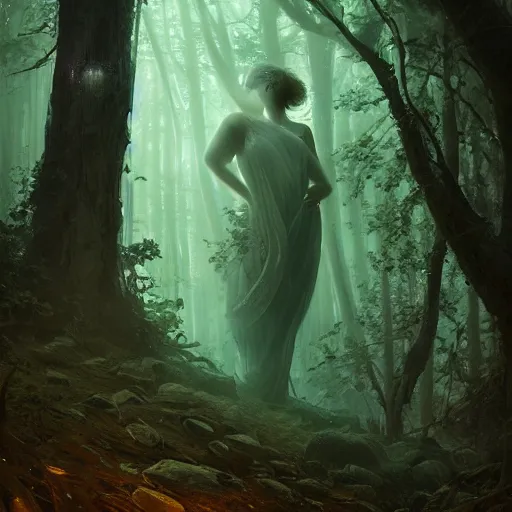 Image similar to a medium shot of a beautiful greek goddess in a bioluminescent ancient dark forest, greg rutkowski, 8 k, shallow depth of field, intricate detail, concept art,