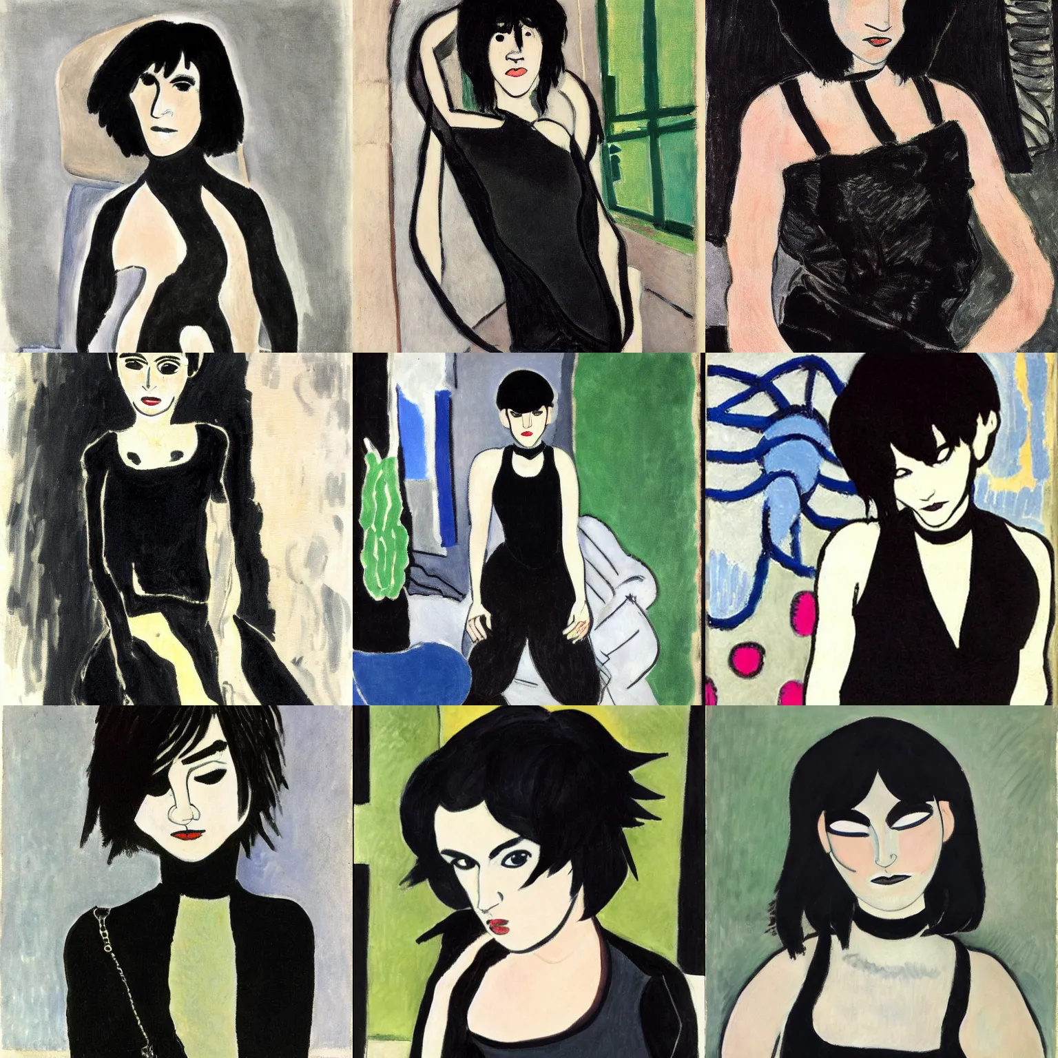 Prompt: an emo painted by henri matisse. her hair is dark brown and cut into a short, messy pixie cut. she has large entirely - black evil eyes. she is wearing a black tank top, a black leather jacket, a black knee - length skirt, a black choker, and black leather boots.