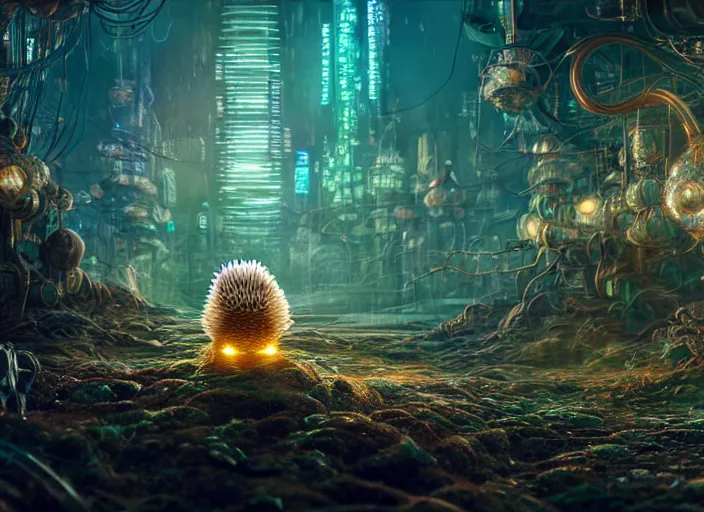 Image similar to intricate hedgehog with optic fibers growing out of it's back, on the background of a weird magical mechanical forest. Very detailed 8k. Fantasy cyberpunk horror. Sharp. Cinematic post-processing. Unreal engine. Nanite. Ray tracing. Parallax. Tessellation