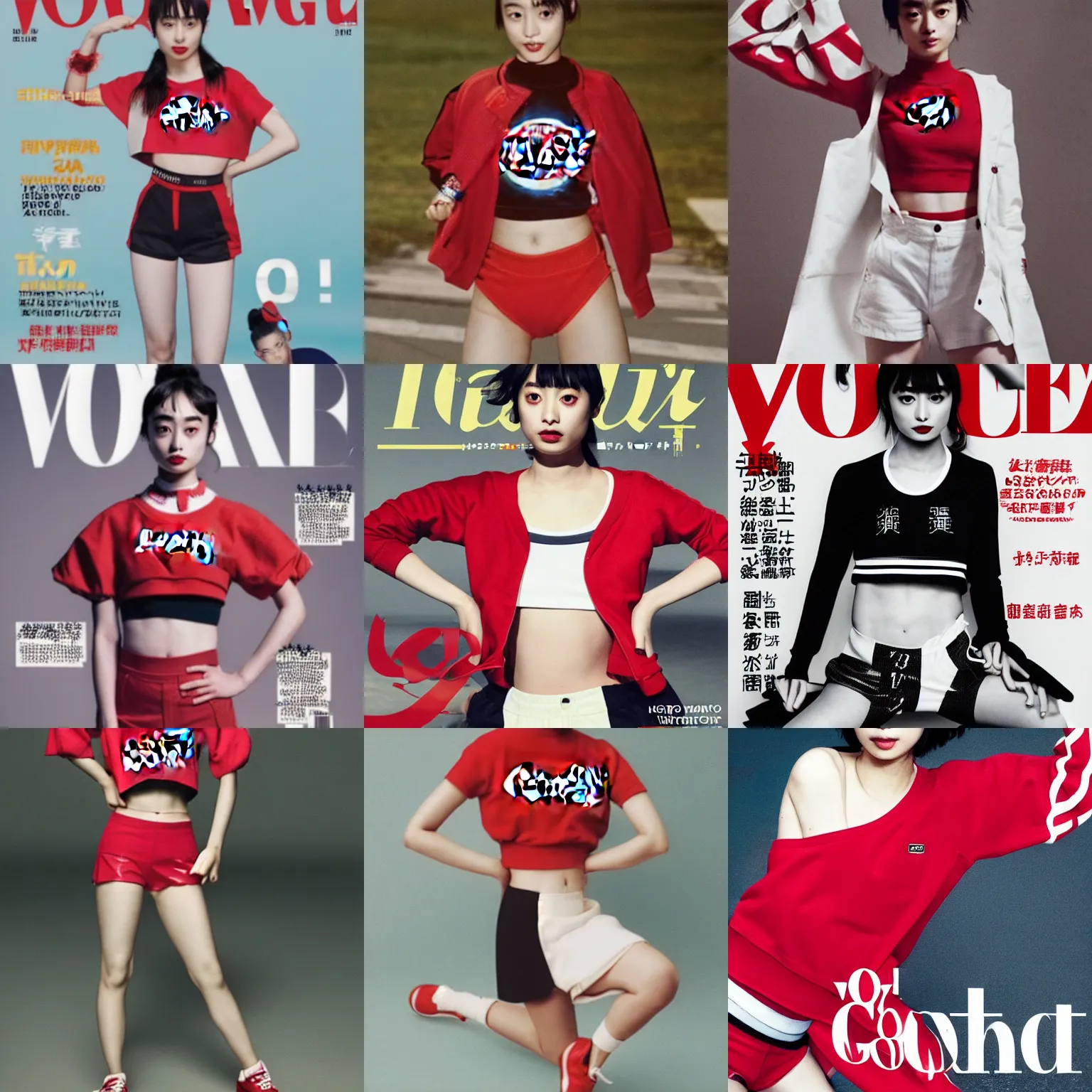 Prompt: suzu Hirose wearing crop red Coca Cola gym top with white Lettering, cropped red yoga short, V Magazine editorial by Mario Testino, masterwork