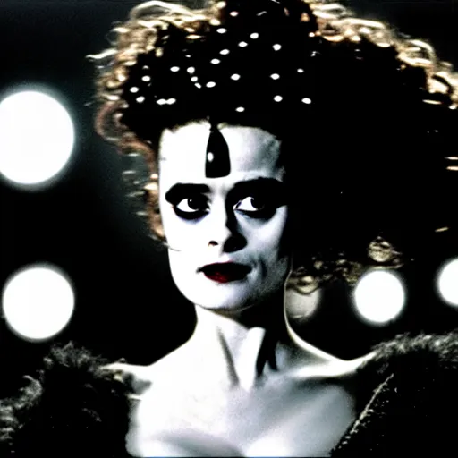 Prompt: cinematic portrait of surprised helena bonham carter as bride of frankenstein as a replicant in a busy nightclub,, still from the movie bladerunner, fashion photography, a sign is in the background, 8 k, high detail, face in focus