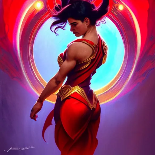 Image similar to anne curtis as darna, volumetric lights, red and cyan theme, art nouveau botanicals, intricate, highly detailed, digital painting, artstation, concept art, smooth, sharp focus, cinematic, illustration, beautiful face, art by artgerm and greg rutkowski and alphonse mucha