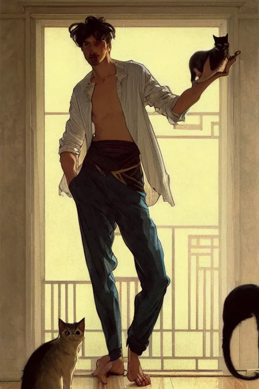 Prompt: full body portrait of a single beautiful young fit man, modern haircut, open shirt, large pants, holding a cat. by greg rutkowski and alphonse mucha, d & d character, in front of a modern room background, highly detailed portrait, digital painting, artstation, concept art, smooth, sharp focus ilustration, artstation hq