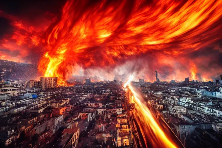 Image similar to destructive fire tornado in the city, photorealistic, highly detailed, sharp focus, vivid, colorful, symmetrical, random, convoluted, mind - blowing, creative, fully functional, end of the world, physics defying, amazing, global warming, night sky