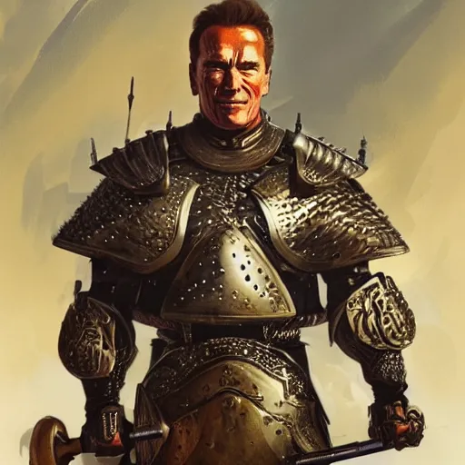 Prompt: arnold schwarzenegger wearing gothic plate armour and holding sword with no helmet, fantasy, intricate, elegant, artstation, concept art, smooth, sharp focus by huang guangjian and gil elvgren and sachin teng