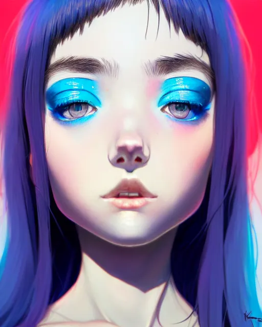 Image similar to detailed up close portrait of a beautiful blueheaded french girl in tshirt, stoned and happy, by saruei and guweiz and ilya kuvshinov and rockwell and warhol and range murata!!, magic art, sleek curves, ultra clear and sharp focus, trending on artstation hq, deviantart, pinterest, unreal engine 5, 4 k uhd image