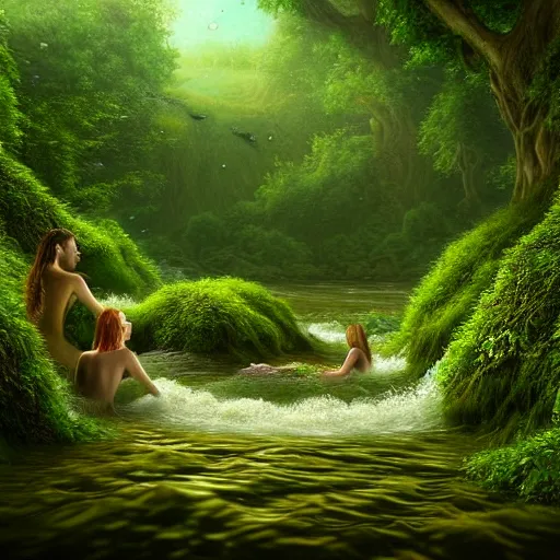 Image similar to beautiful digital fantasy illustration of A woody green field with a stream running through it, with a group of dryad women standing in the water. They seem to be preparing to submerge themselves in the cool, clear waters of the stream. cgsociety, fantasy art, highly detailed, soft lighting, rendered in octane, masterpiece, very very very aesthetic