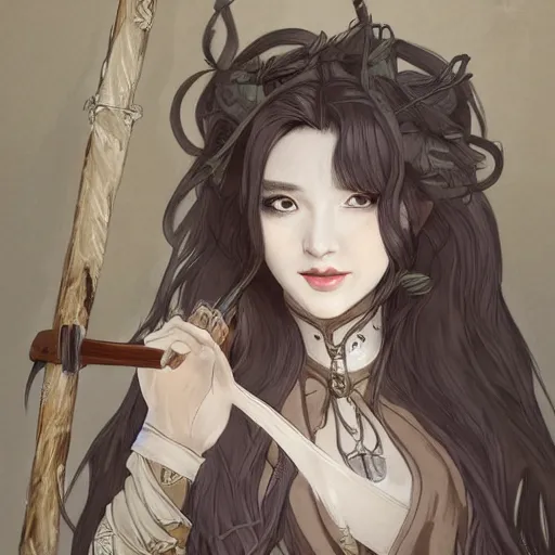 Image similar to detailed 2 d fantasy picture a woman with gray hear, using dead lion costume jacket, and holding long stick in the style of artgerm and greg rutkowski and alphonse mucha