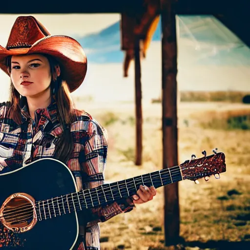 Image similar to a female fox animal, wearing cowboy hat, wearing plaid shirt, playing guitar, inside a barn, album cover style