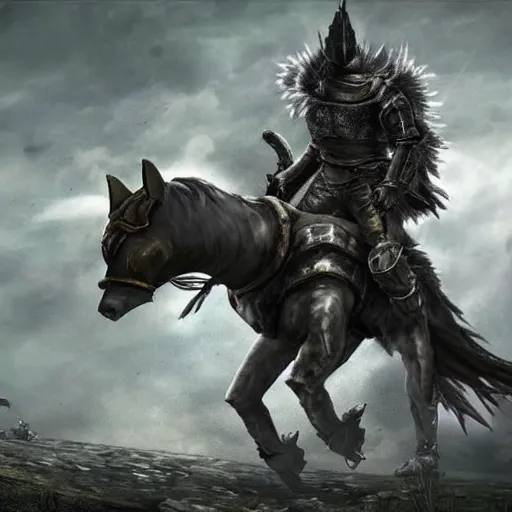 Image similar to Dark souls style dog riding an armored horse into a boss battle.