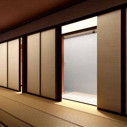 Image similar to still photo of a japanese hallway with sliding doors, highly detailed, photorealistic portrait, bright studio setting, studio lighting, crisp quality and light reflections, unreal engine 5 quality render