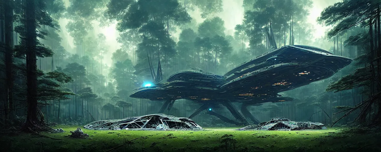 Prompt: a giant megastructure spaceship wrecked and lost in the forest, detailed digital art by greg rutkowski.