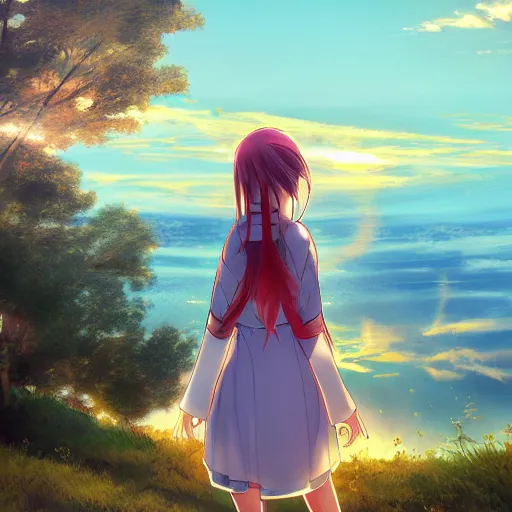 Image similar to anime teen in renaissance dress looks to beautiful horizon, rock, trees, sunset, polaroid, 4k, 8k, hd, high-detailed, artstation trending, award winning