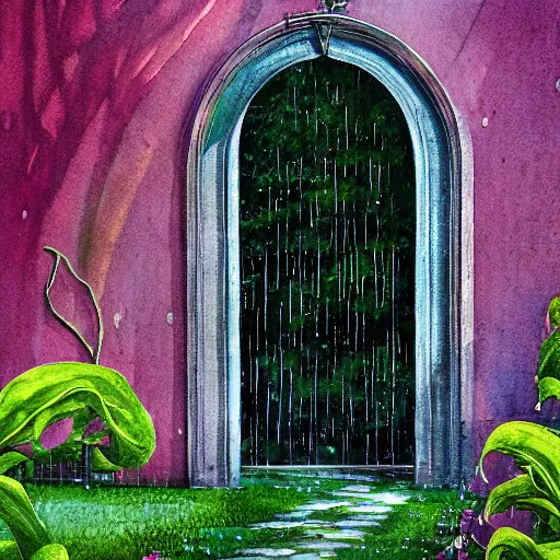 Image similar to delicate rain, symmetric artwork, chairs, garden, paved, botanic watercolors, iridescent, 8 k, realistic shaded, fine details, artstation, italian, iron gate, tree, mediterranean, marvelous