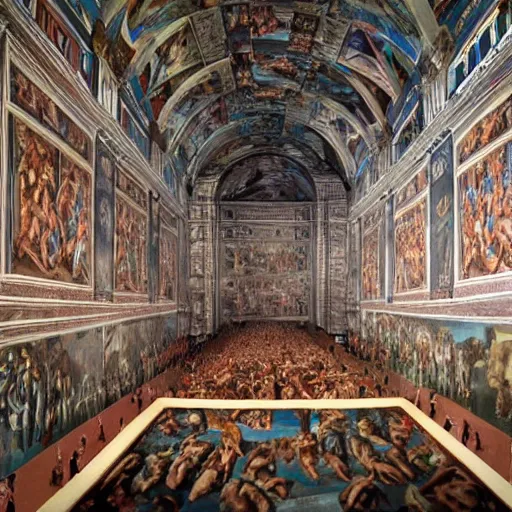 Prompt: the sistine chapel covered with images by dantes inferno