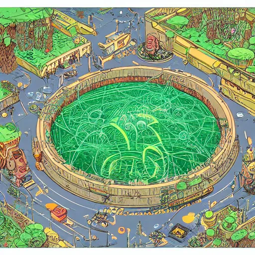 Image similar to hyper detailed comic illustration of a glowing circular portal surrounded by a cybernetic forest , by Josan Gonzalez and Geof Darrow, isometric aerial view, highly detailed, 8k wallpaper