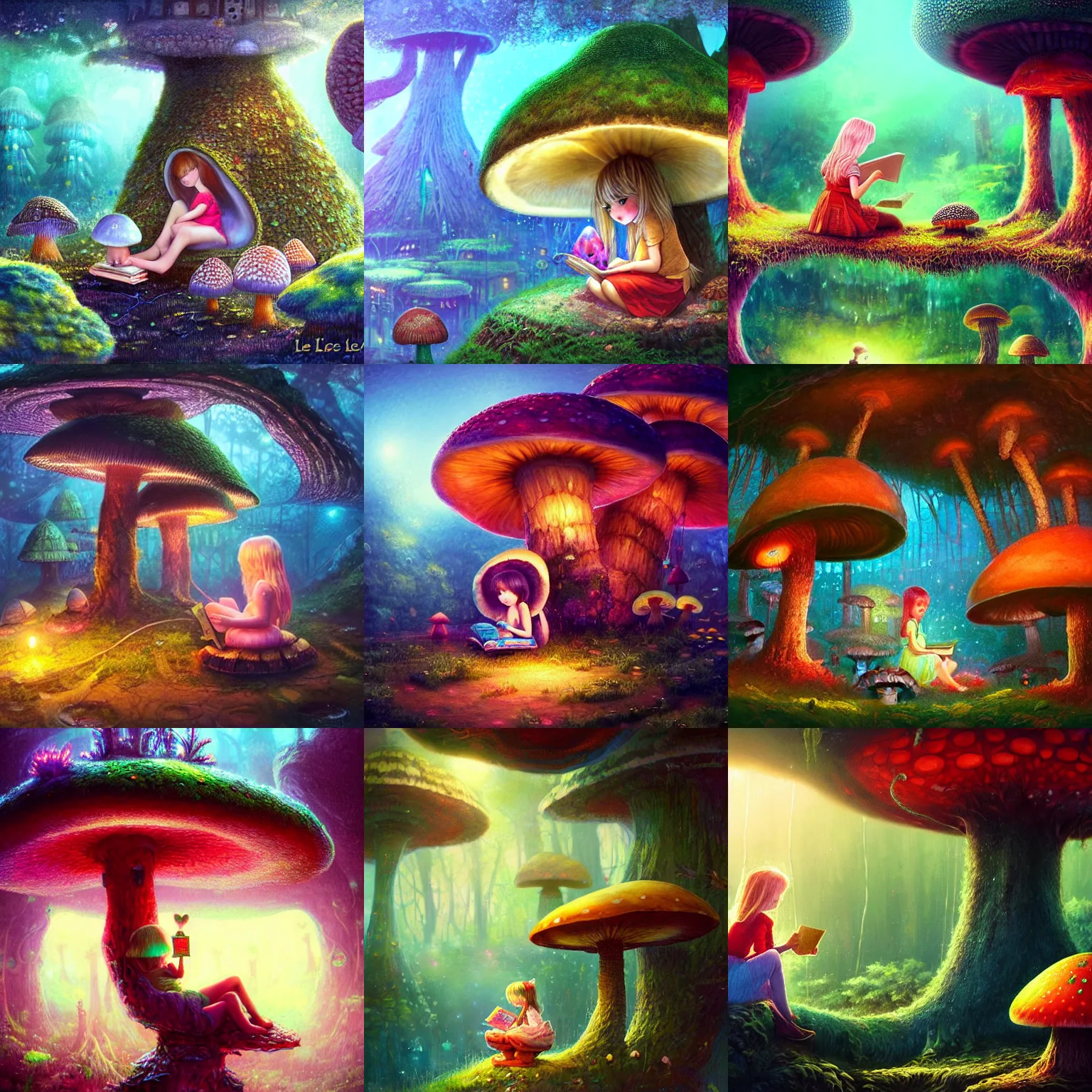 Prompt: ”cute young girl sitting by a mushroom reading a book, giant mushroom houses in a mysterious fantasy forest, [bioluminescense, rope bridges, art by wlop and paul lehr, cinematic, colorful]”