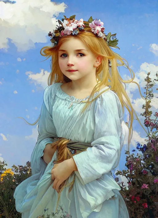 Image similar to a cute happy little girl with long golden blonde hair wearing a sky blue summer dress stands in the square of a french village, beautiful painting by artgerm and greg rutkowski and alphonse mucha