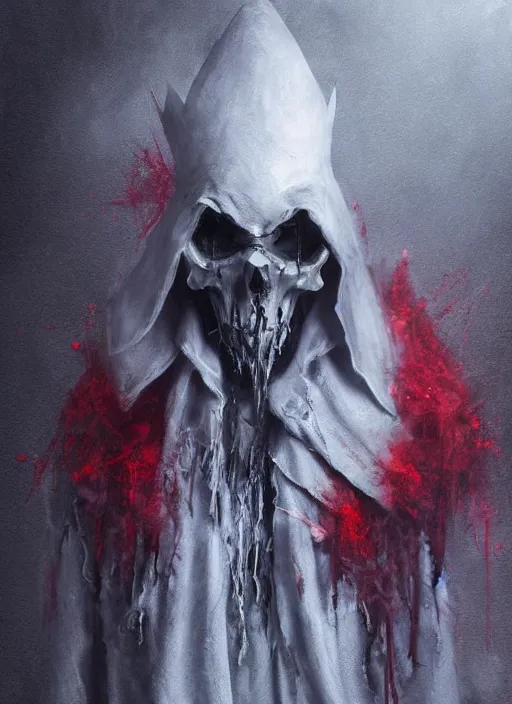 Image similar to the ghost - spirit of the grim - hatter wears the scarlet skull armor and blood crown, midnight fog - mist!, dark oil painting colors, realism, cinematic lighting, various refining methods, micro macro autofocus, ultra definition, award winning photo