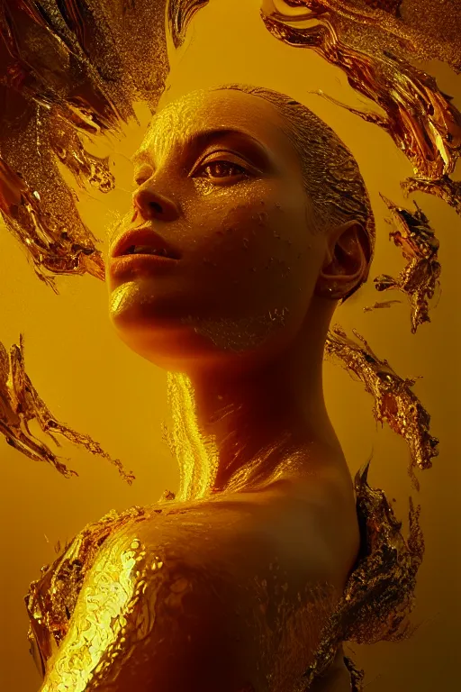 Prompt: 3 d, close - up, fashion model, liquid gold, morning, sun rays, vogue cover style, poster art, hyper detail, intricate oil painting, multiple exposure, hell mood, 3 d, by tooth wu and wlop and beeple and greg rutkowski