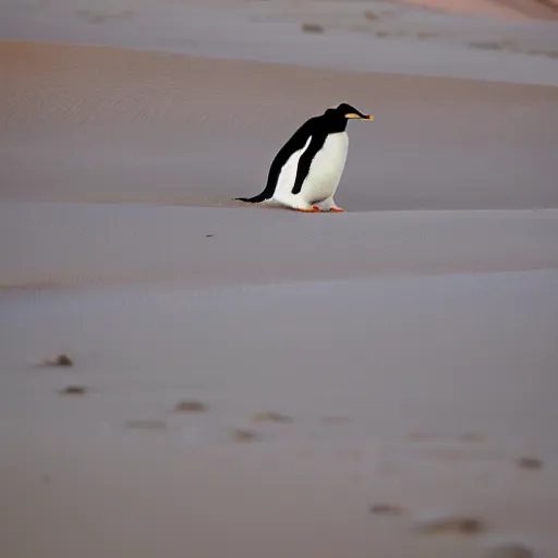 Image similar to penguins sliding in sand dunes, photography