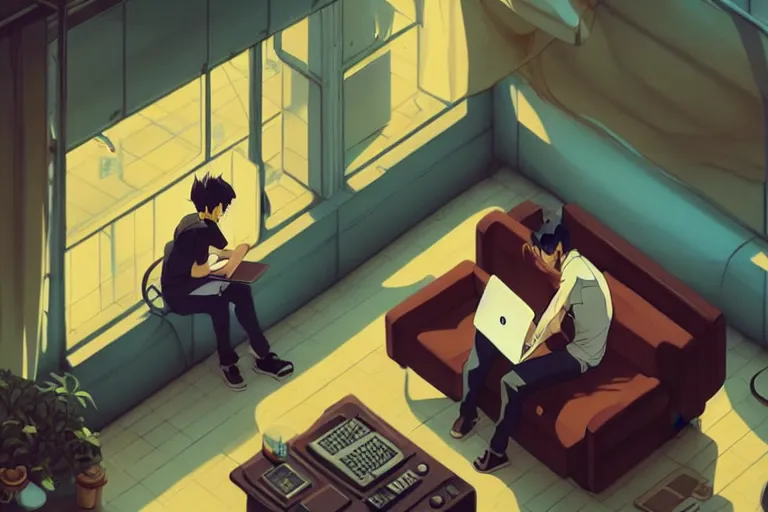 Image similar to a young man sitting on a sofa working on a laptop, wide angle shot from above, golden curve composition, animation portrait concept art, style of makoto shinkai, xision, james jean and peter mohrbacher, studio ghibli, artgerm, karol bak, dan mumford, 4 k hd, animation style