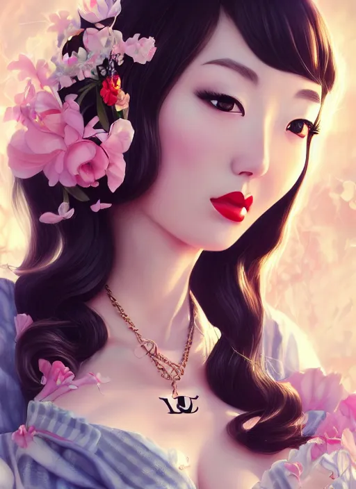 Image similar to a pin up and beautiful fashion dreamlke japan girl with lv jewelry, character art, art by artgerm, wlop, loish, hyperdetailed, 8 k realistic, symmetrical, global illumination, radiant light, frostbite 3 engine, cryengine, dof, trending on artstation, digital art, chanel, dior, detailed background