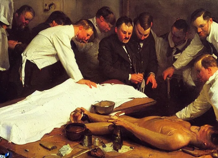 Image similar to anders zorn oil painting of instruction of autopsy surgery