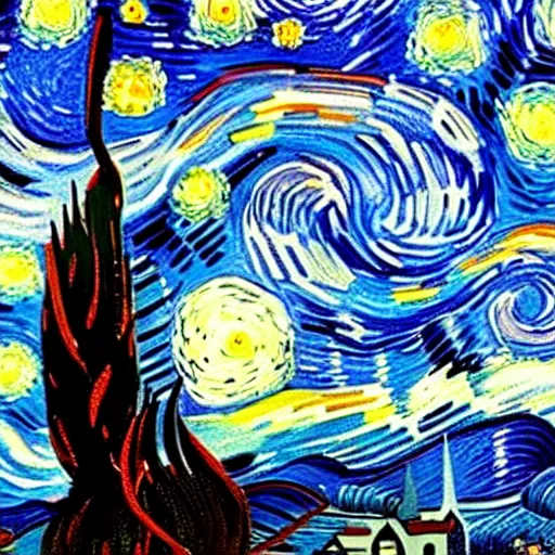 Prompt: painting of a starry night sky with homer simpson in a village, art by vincent van gogh