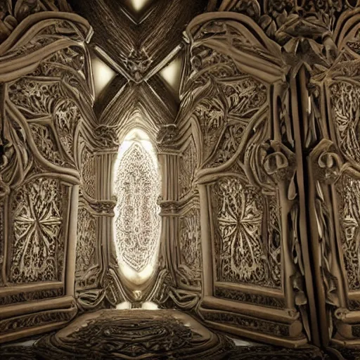 Prompt: cinematic unreal engine render of a massive mandelbrot fractal cathedral interior carved out of ivory and populated entirely by mandelbrot fractals, carved ivory, carved soap, carved stone, white color scheme, opalescent, hyperrealistic, octane render, catholicpunk, angelic, fractals, photorealism,