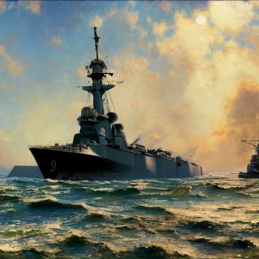 Image similar to detailed cinematic wide shot of world war 2 battleship, ultra realistic, spring light, painting by gaston bussiere, craig mullins, j. c. leyendecker.