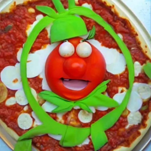 Prompt: veggie tales bob the tomato made into pizza sauce