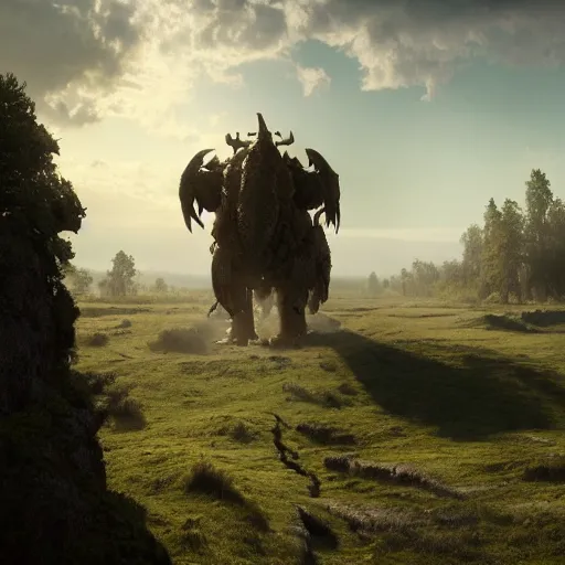 Image similar to enormous creature towering over the plains, seen from a distance, volumetric lighting, 8 k octane beautifully detailed render, post - processing, extremely hyper - detailed, intricate, epic composition, cinematic lighting, masterpiece, trending on artstation, masterpiece, stunning art by anders zorn, wonderful masterpiece by greg rutkowski, beautiful cinematic