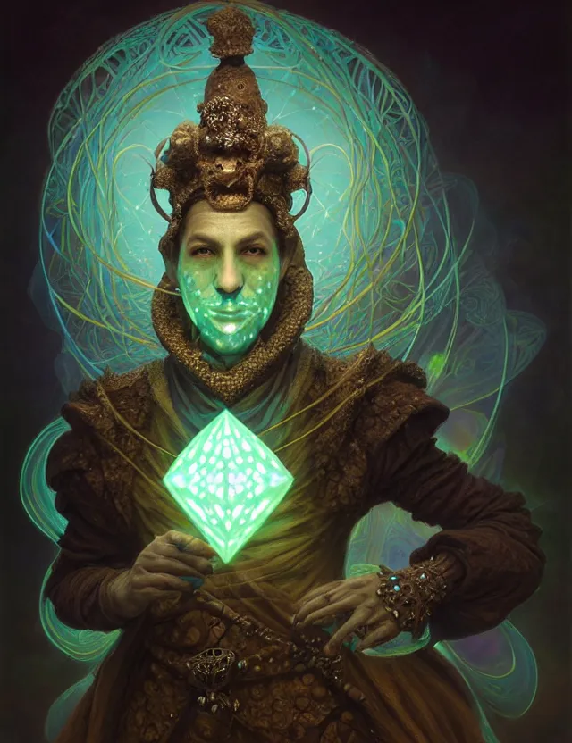 Image similar to front shot of a court jester character, hyperdimensional, bioluminescent hypercubes, dark holography!!!, (((intricate))), elegant, highly detailed, centered, (((artstation, concept art, smooth, sharp focus, artgerm, Tomasz Alen Kopera, Peter Mohrbacher, donato giancola, Joseph Christian Leyendecker, WLOP, Boris Vallejo))), mugshot!!!!!, ugly!!!!!!, octane render, nvidia raytracing demo, grainy, muted, 8K, digitalblasphemy