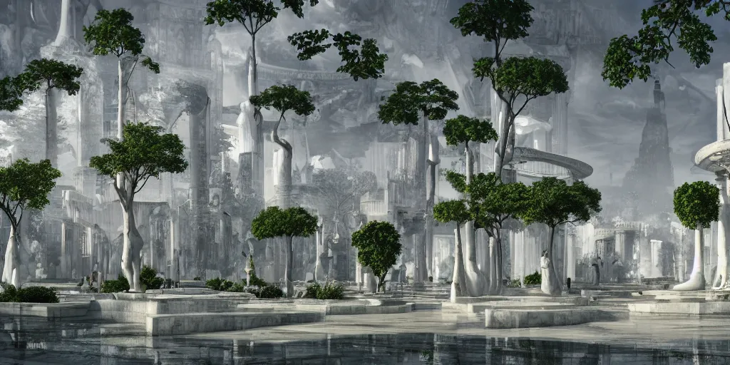 Image similar to utopian city made out of glistening, white marble, nature, fusion between historical and modern futuristic architecture, rome, vegetation, 4k, digital art