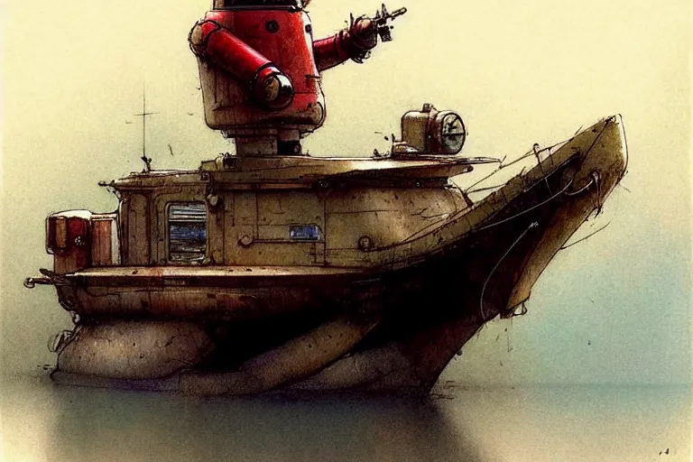 Image similar to adventurer ( ( ( ( ( 1 9 5 0 s retro future robot android mouse house boat tug boat calm stream. muted colors. ) ) ) ) ) by jean baptiste monge!!!!!!!!!!!!!!!!!!!!!!!!! chrome red