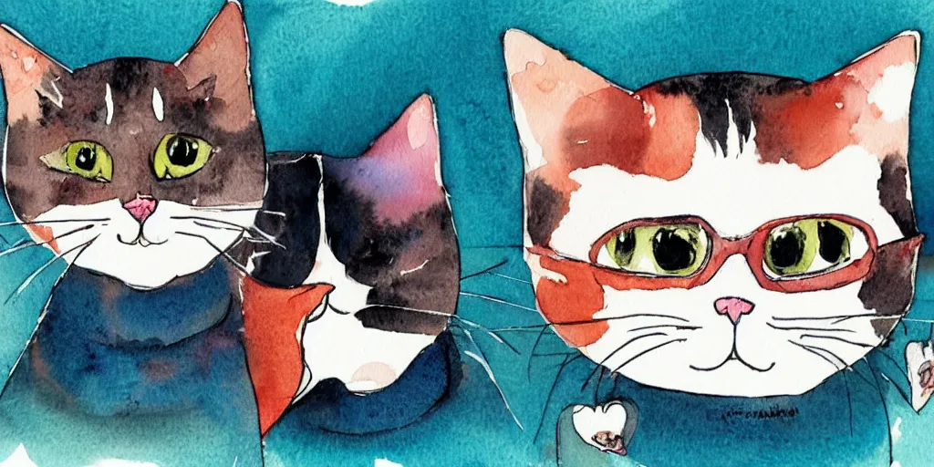 Prompt: watercolor illustration style, cute! cats!!! watch news