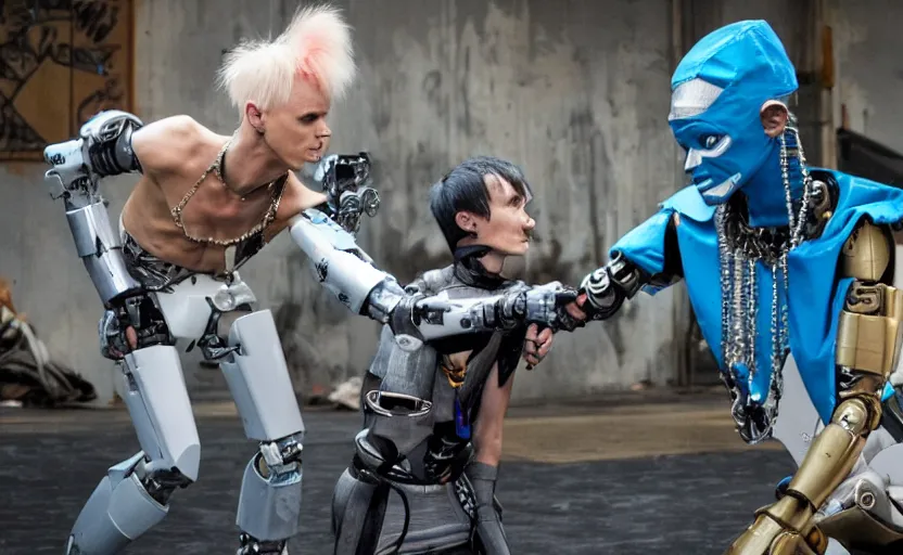 Image similar to Ninja Jones from die antwoord teaching chappie the robot how to dance in a world without any love left