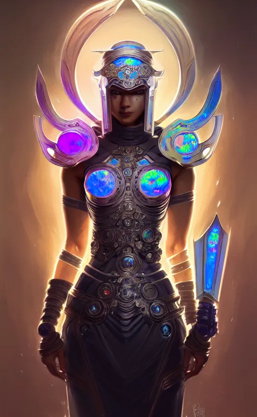 Image similar to iridescent opal cyborg shinobi warrior, intricate ornate details, morandi color scheme, hd, illustratio, splash art, fantasy, elegant, highly detailed, wide angle, digital painting, artstation, concept art, smooth, sharp focus, illustration, wallpaper, art by artgerm and greg rutkowski and alphonse mucha and jin xiaodi