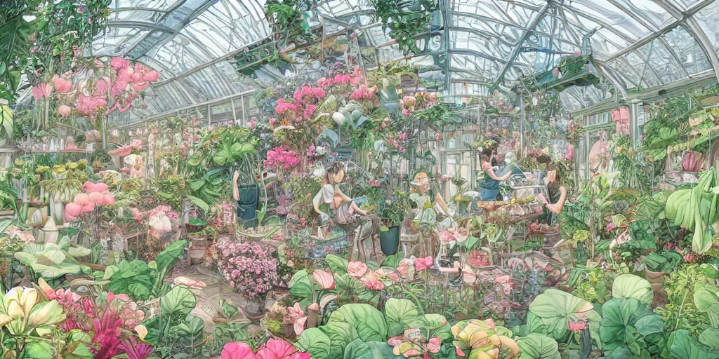 Prompt: a beatiful greenhouse, extremely detailed, sharp focus, wide view, full body shot, smooth, digital illustration, colorfull by, james jean, by rossdraws, frank franzzeta, sakimichan, mcbess, aphonse mucha