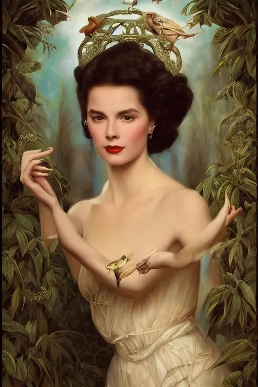 Image similar to A young and extremely beautiful Grace Kelly explaining the birds and the bees by Tom Bagshaw in the style of a modern Gaston Bussière, art nouveau, art deco, surrealism. Extremely lush detail. Perfect composition and lighting. Profoundly surreal. Sultry look on her face.