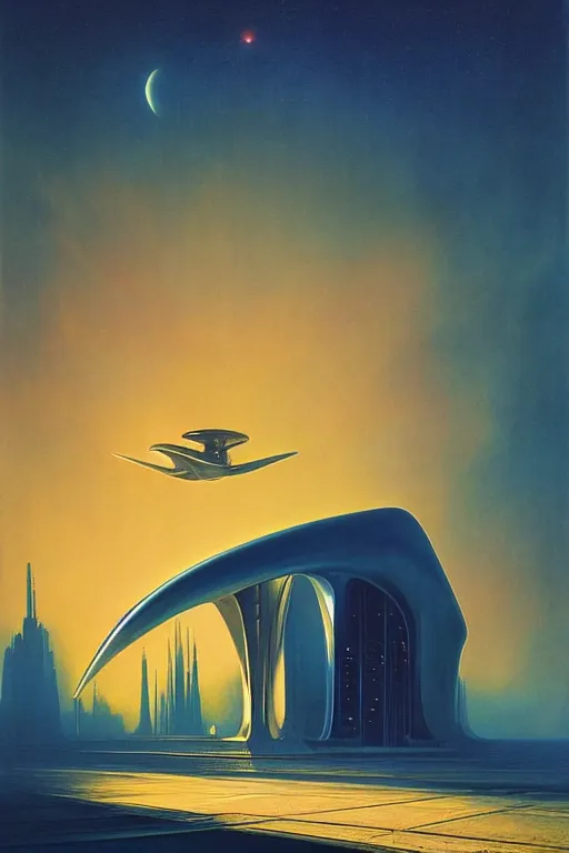 Image similar to emissary space by arthur haas and bruce pennington and john schoenherr, cinematic matte painting, zaha hadid building, photo realism, neon colors, blue hour, james terrell art,