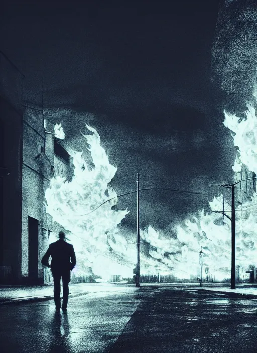 Image similar to City on fire flowing flames lone man walking, Mads Berg, Karolis Strautniekas, James Yang, film noir, stippled light, dramatic lighting,editorial illustration, detailed, matte print, dark blue, dark orange, white, red