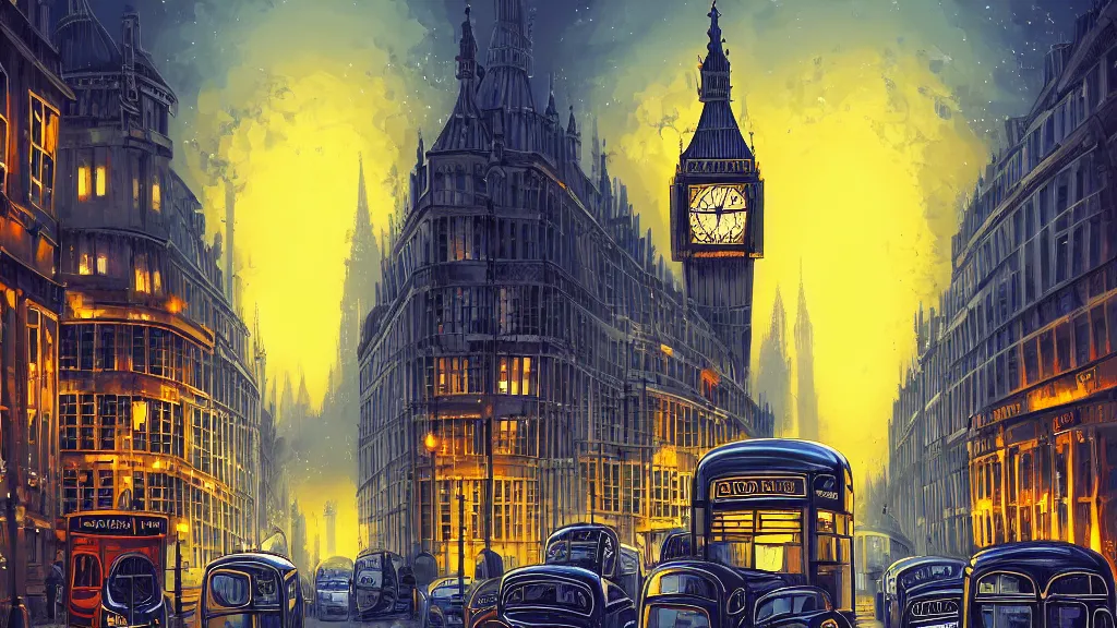 Prompt: street view of london city at night by cyril rolando and naomi okubo and dan mumford. elegant edwardian street lamps. double decker bus. st pauls cathedral. london bridge. black taxi cab. big ben clock tower.